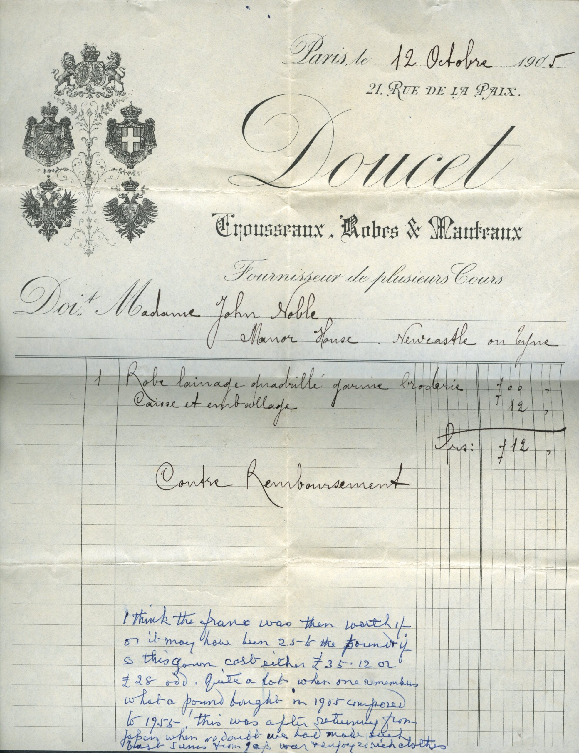 Receipt For Lady Noble's Gown