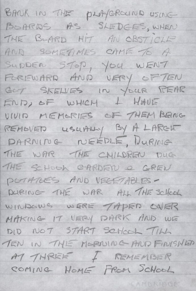 hand written text of School memories by John Mirrlees