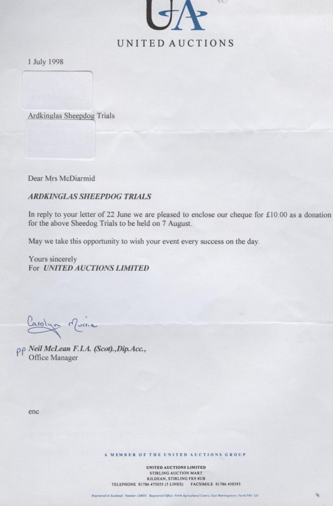 Sponsership letter to Ardkinglas sheepdog trials