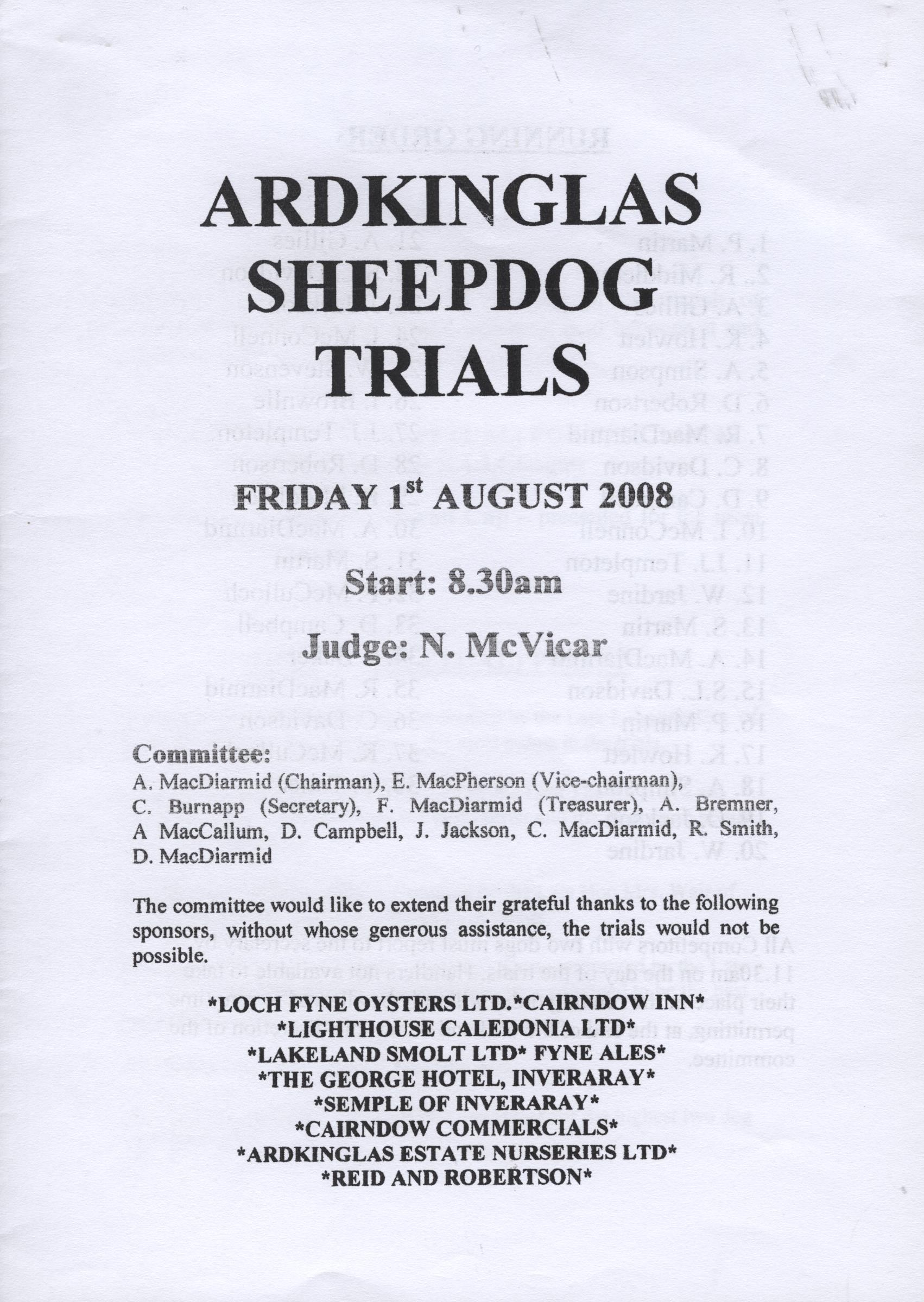 Ardkinglas Sheepdog Trials Programme 2008