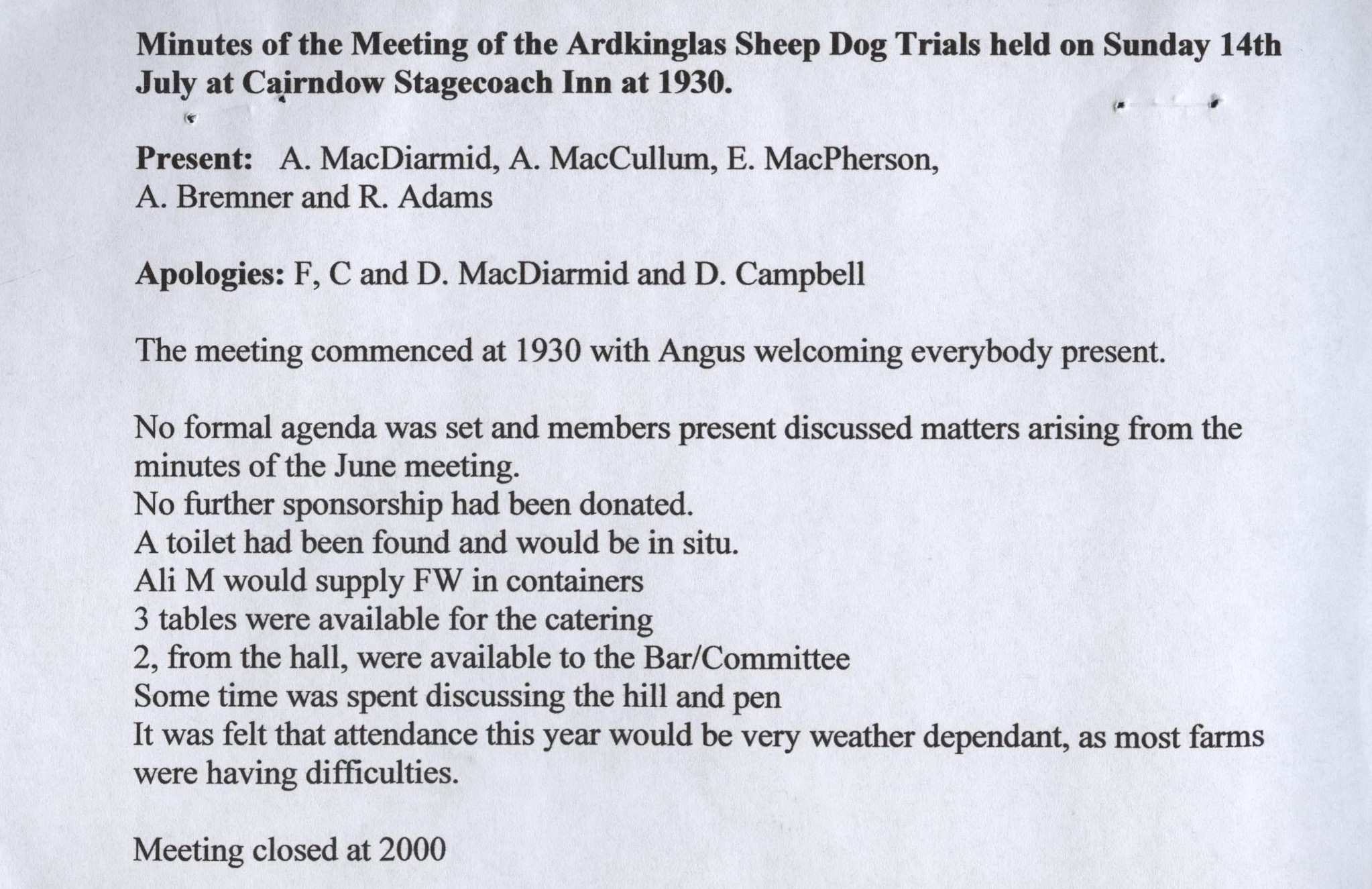 Ardkinglas Sheepdog Trials committee meeting 2012