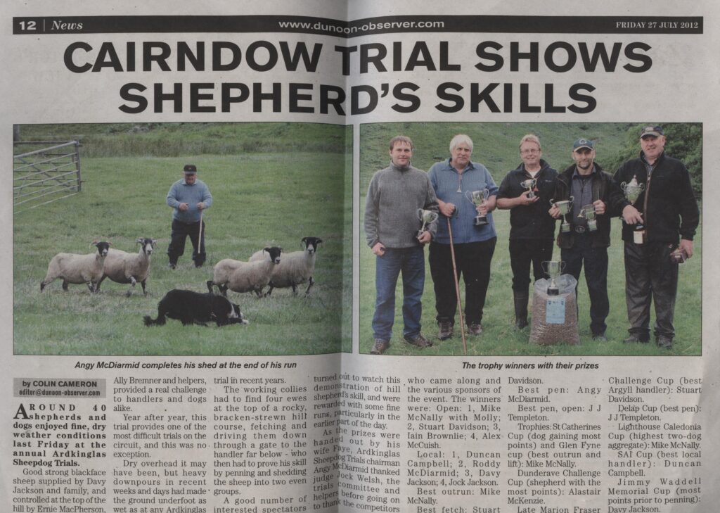 Newspaper cutting from Dunoon Observer of Ardkinglas Sheepdog Trials 2012