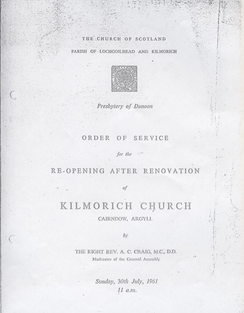 Order of Service for Opening of Kilmorich Church after renovation in 1961