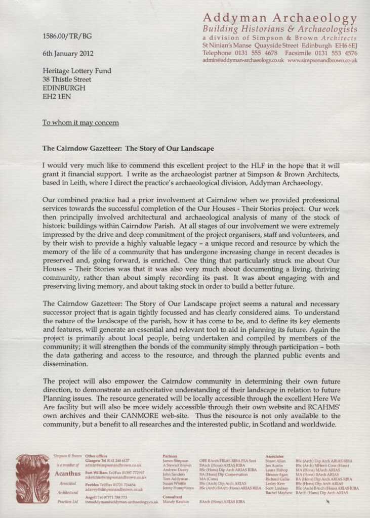 Letter of support from Tom Addyman for our project "The Cairndow Gazetteer" 2012