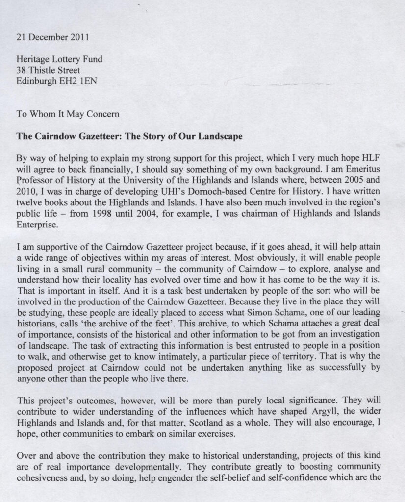 Letter of support from Professor James Hunter for our project "The Cairndow Gazetteer" 2011