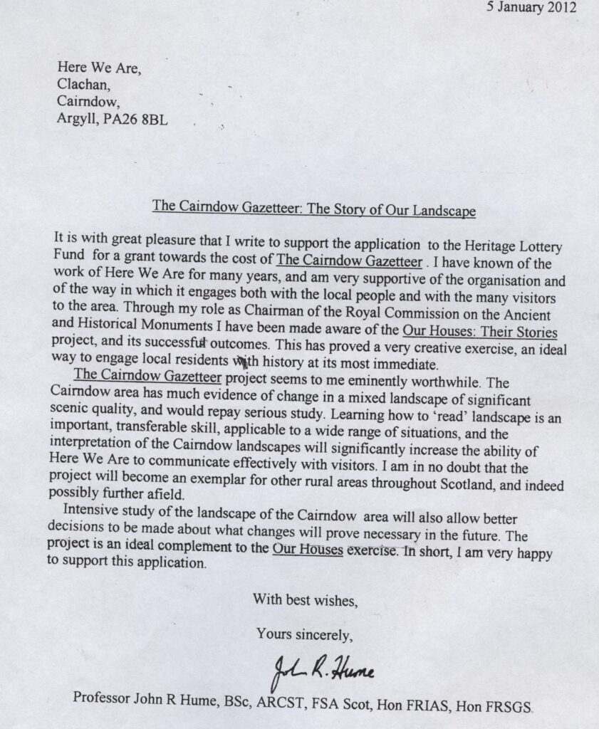 Letter of support from Professor John Hume for our project "The Cairndow Gazetteer" 2012
