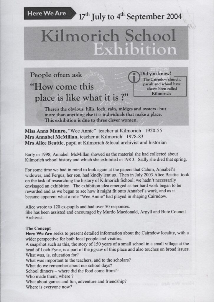 Kilmorich School leaflet for Exhibition in 2004