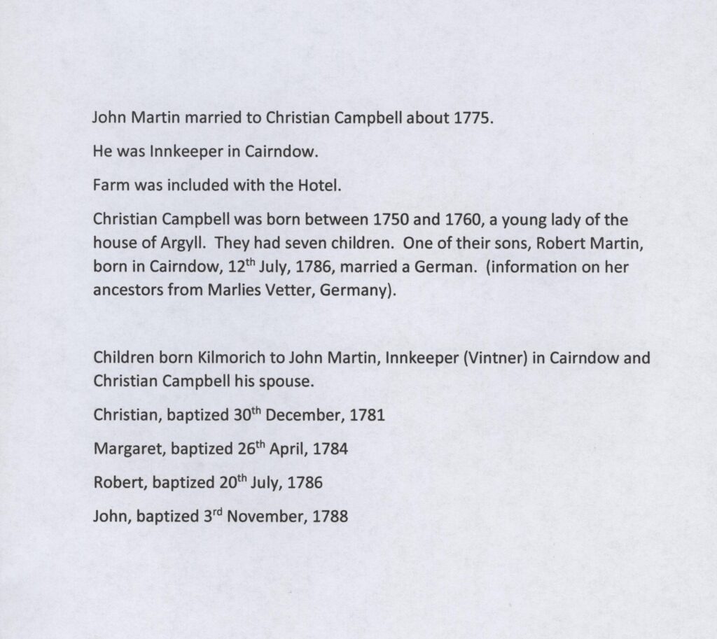 information on John Martin Innkeeper Cairndow