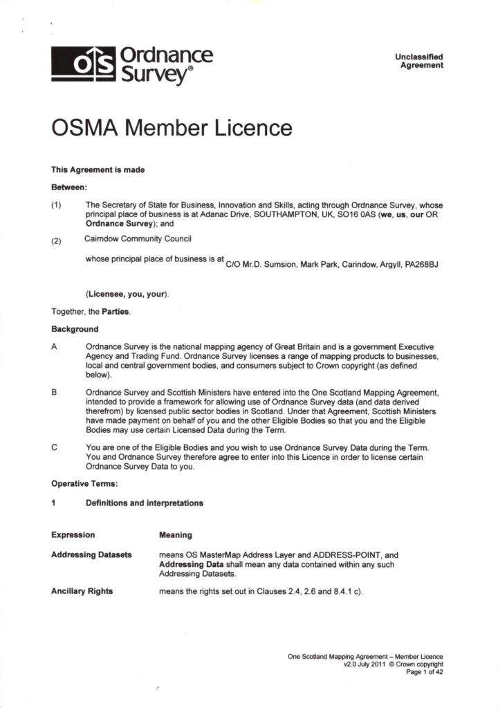 Ordnance Survey, OSMA Member Licence, between Ordnance Survey and Cairndow Community Council, June 2012.  